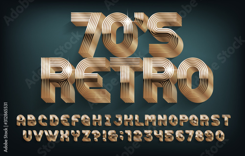 Retro 70s alphabet font. 3D golden letters and numbers. Stock vector typescript for your design.