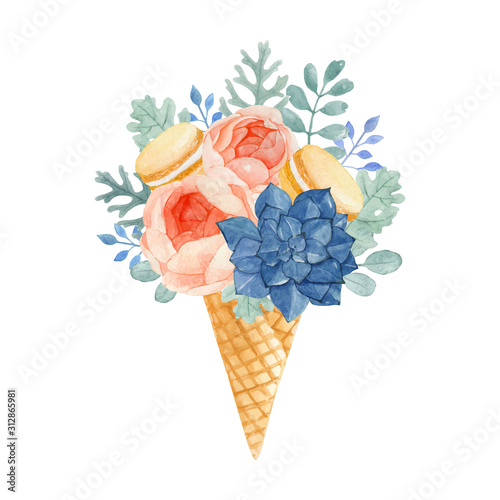 Watercolor floral ice cream with macaroons, rose, dusty miller, eucalyptus and succulent 