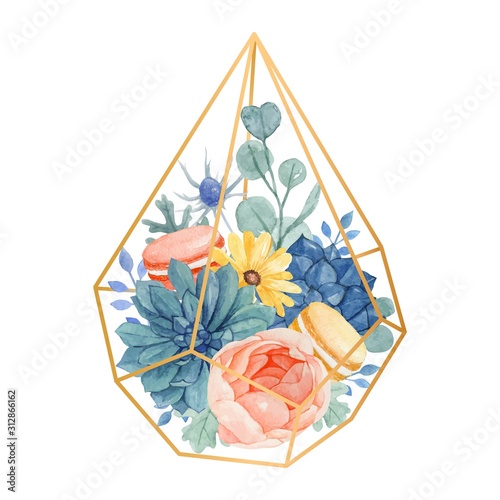 Watercolor floral bouquet in geometric gold terrarium with rose, yellow daisy. eucalyptus, dusty miller, succulent and macaroons