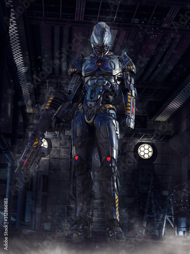 Dark scene with a futuristic soldier standing in a warehouse with a weapon in his hand. 3D render.