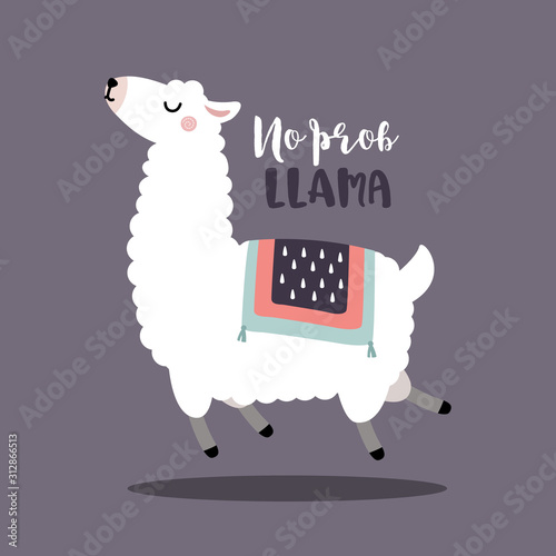 Jumping alpaca or llama with no prob llama motivational quote, Flat vector illustration