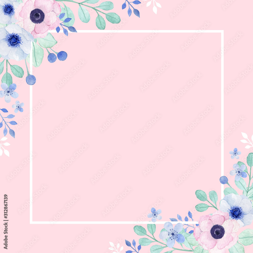 Beautiful poppy anemone border and frame with pink background