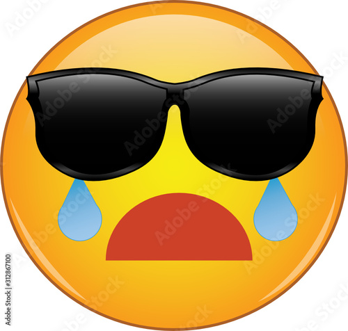 Cool Face Emoji Crying. Yellow face with a sad open mouth and of flowing from eyes hidden behind sunglasses. Expression of overwhelming grief and sadness, crying and depression.
