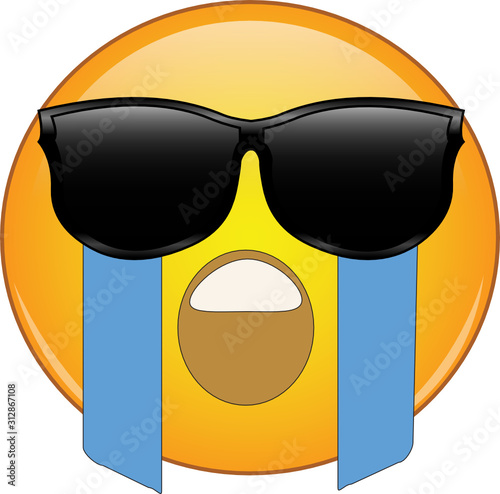 Cool Crying Face Emoji. Yellow face with an open mouth wailing and river of tears flowing from eyes hidden behind sunglasses. Expression of overwhelming grief and sadness, hiding puffy eyes from cry..