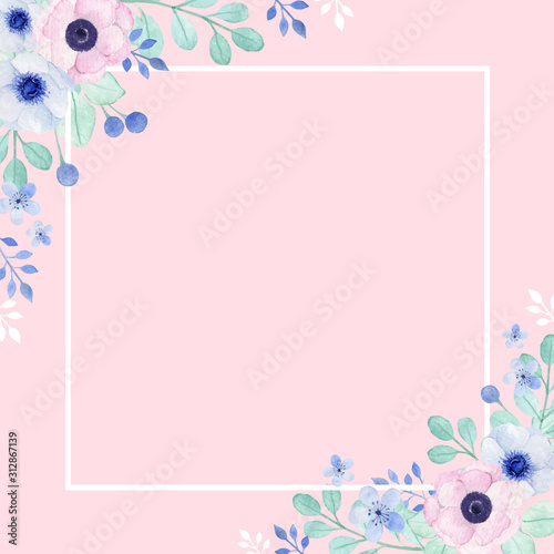 Beautiful poppy anemone border and frame with pink background