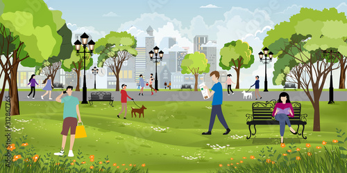 Morning city park with happy family having fun,girl walking the dog, young boy talking on phone,man reading news paper and women sitting on bench reading a book,City lifestyle of people in Summer time