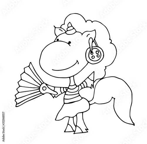 Coloring book for kids - unicorn fashionista with a fan in her hands and a button earring. Black and white cute cartoon unicorns. Vector illustration.	