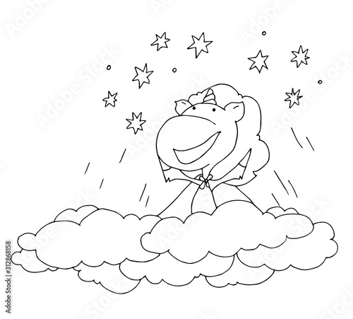 Coloring book for kids - unicorn flies through the clouds to the stars. Through hardship to the stars. Black and white cute cartoon unicorns. Vector illustration.	