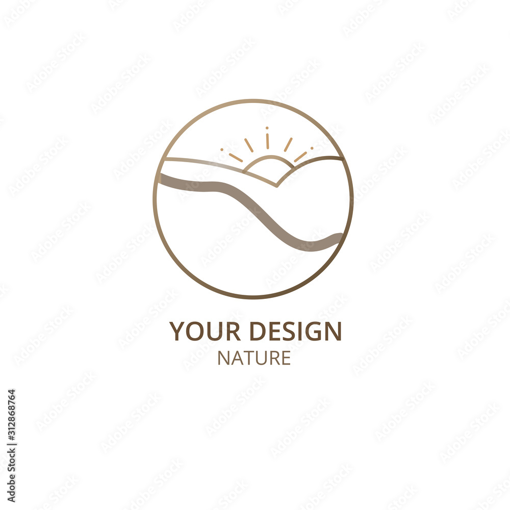 Obraz premium Mountain, fields with sun logo template. Vector linear wavy icon of landscape. Minimal emblem or badge for business emblems for a travel, tourism and ecology concepts, health, spa and yoga center.