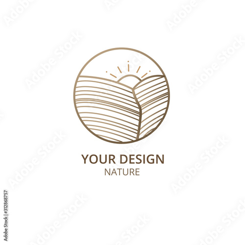 Fototapeta Naklejka Na Ścianę i Meble -  Mountain, fields with sun logo template. Vector linear wavy icon of landscape. Minimal emblem or badge for business emblems for a travel, tourism and ecology concepts, health, spa and yoga center.