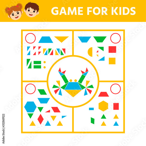 Education logic game for preschool kids. Connect the details and animals of geometric shapes. Preschool worksheet activity. Children funny riddle entertainment. Vector illustration
