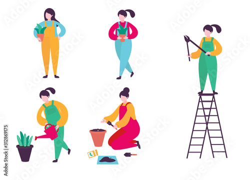 Indoor floriculture concept. Woman Gardener set. Care and cultivation of indoor plants. The woman prepares the ground for transplanting. Trendy flat vector illustration