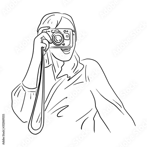 woman using camera to take photo vector illustration sketch doodle hand drawn with black lines isolated on white background