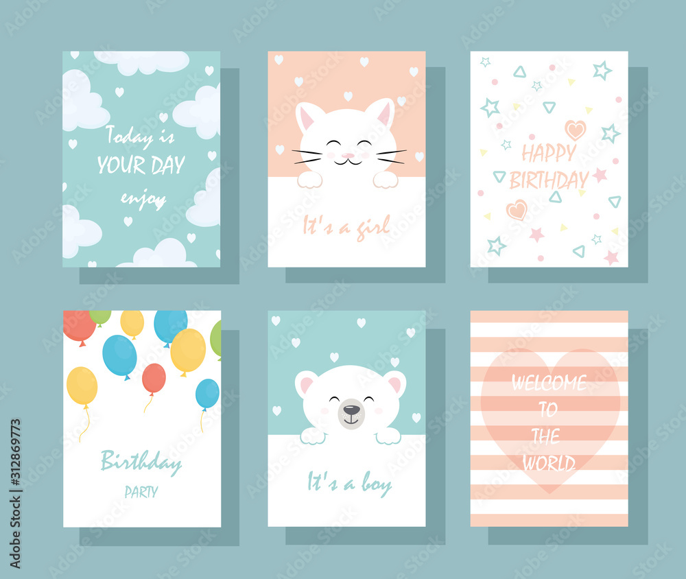 Set of vector cute greeting cards for kids with text. Set of vector cute greeting cards for kids with text.