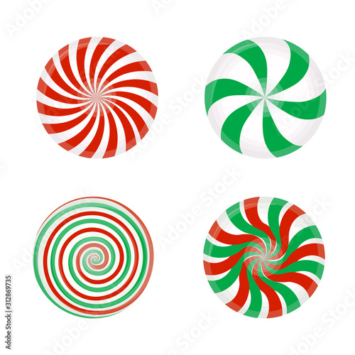 Set of striped candy without wrapper. Caramel, vector illustration isolated on white background.