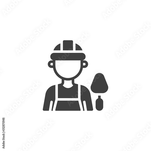 Construction worker with trowel vector icon. filled flat sign for mobile concept and web design. Repair man builder with a trowel tool glyph icon. Symbol, logo illustration. Vector graphics