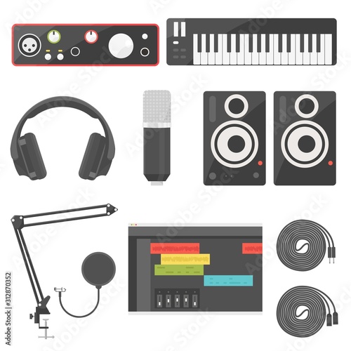 home recording equipment for music production audio interface, midi keyboard, headphone monitor, microphone, speaker, akai and xlr cable and software digital audio waveform.
