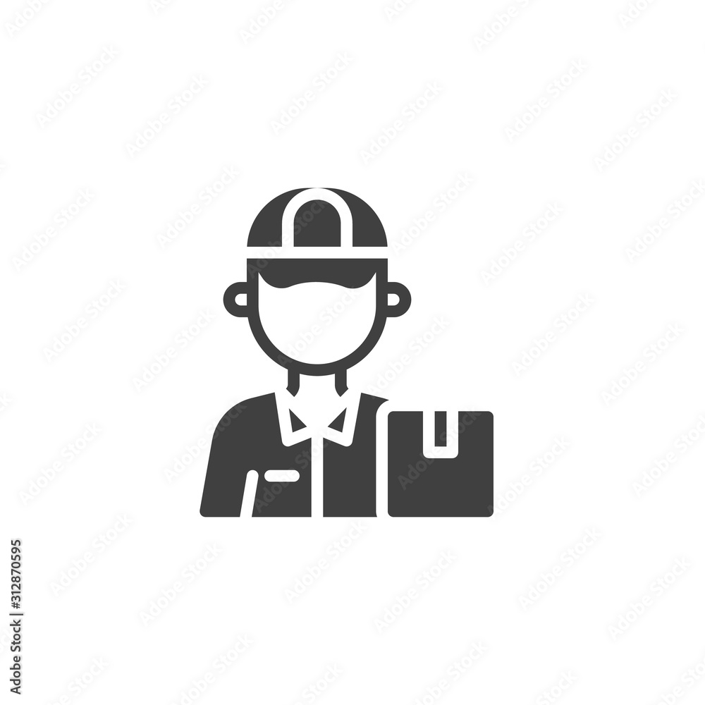 Delivery man worker vector icon. filled flat sign for mobile concept and web design. Courier delivery box glyph icon. Symbol, logo illustration. Vector graphics
