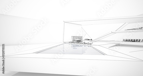 Abstract drawing architectural white interior of a minimalist house with swimming pool and large window. 3D illustration and rendering.