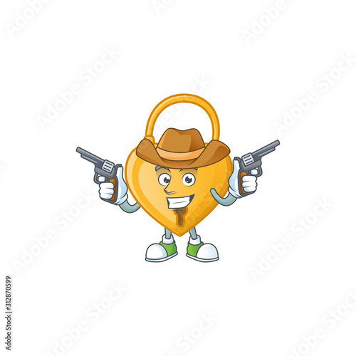 Smiling love padlock mascot icon as a Cowboy holding guns