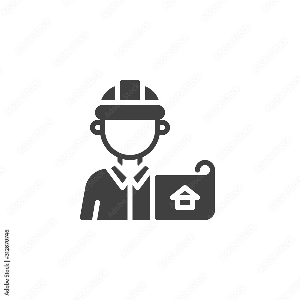 Architect worker proffection vector icon. filled flat sign for mobile concept and web design. Construction engineer with house blueprint glyph icon. Symbol, logo illustration. Vector graphics