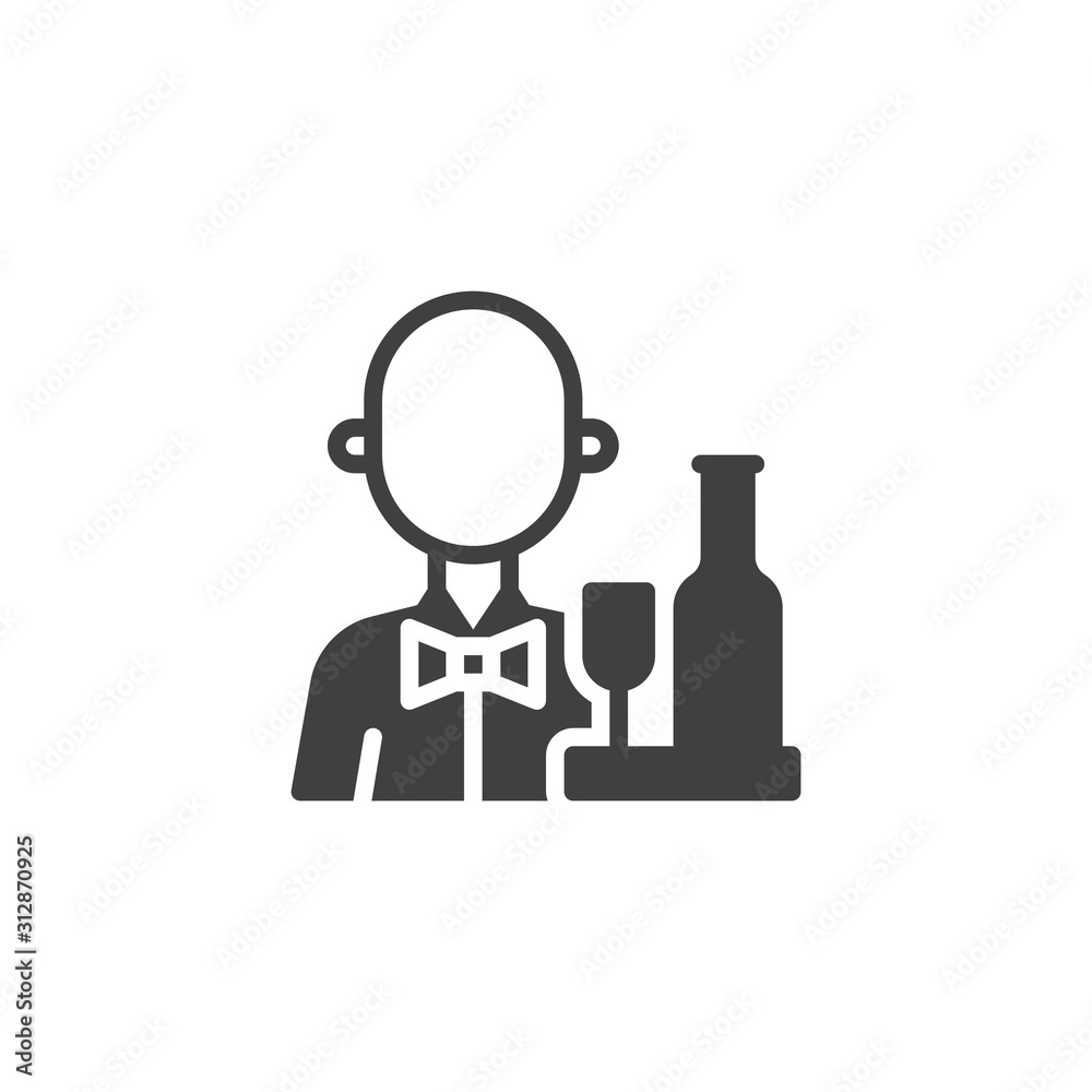 Restaurant waiter avatar vector icon. filled flat sign for mobile concept and web design. Barman waiter with wine bottle and glass on tray glyph icon. Symbol, logo illustration. Vector graphics Restaurant waiter avatar vector icon. filled flat sign for mobile concept and web design. Barman waiter with wine bottle and glass on tray glyph icon. Symbol, logo illustration. Vector graphics