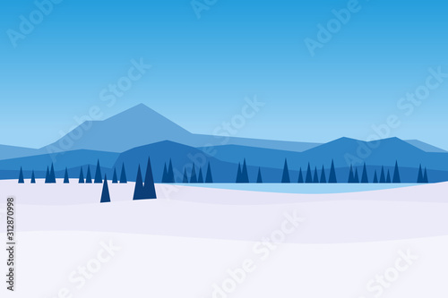Winter day landscape mountains woodland frosen lake river ice. Pine trees snow ice and hills