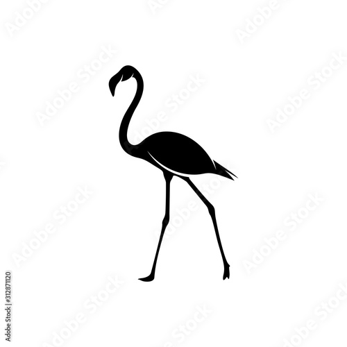 Flamingo design vector, Black silhouette of a flamingo bird, standing on one leg, isolated.