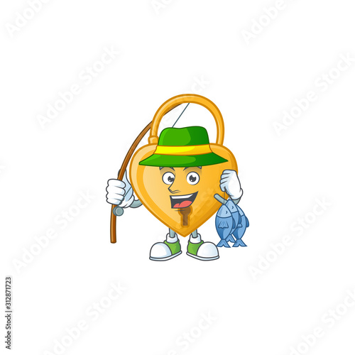 Cheerful face Fishing love padlock mascot design