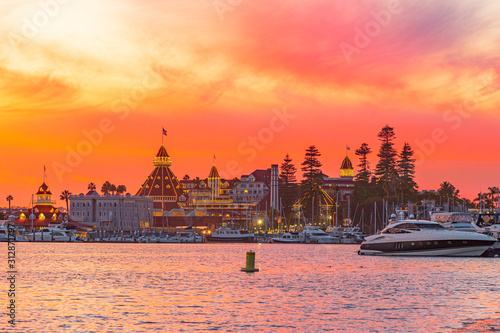 Colorful sunset afterglow at the historic Hotel del Coronado