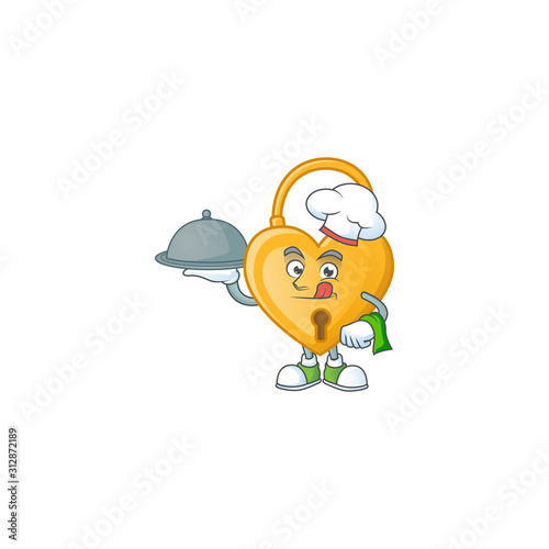 Cute love padlock as a Chef with hat and tray cartoon style design