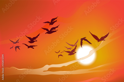 Sunset image with a flock of birds flying.Vector landscape illustration. © vlr.comics