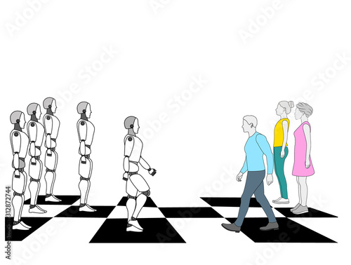 robots are standing on a chessboard. winning position. Chess game of robots with people. vector illustration.