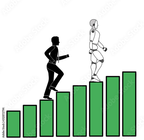 a man and a robot whip to the top of the graph. competition between robot and human. desire for a goal. teamwork. vector illustration.