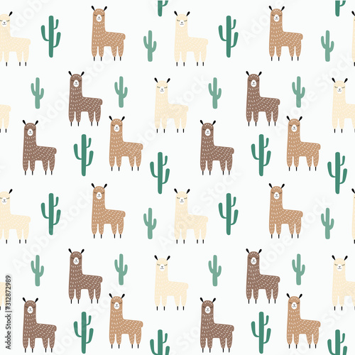 Seamless pattern of llamas and cactus in natural colors. Simple flat cute little animals and succulents in the Scandinavian style. Stock vector hand drawn illustration isolated on white background.