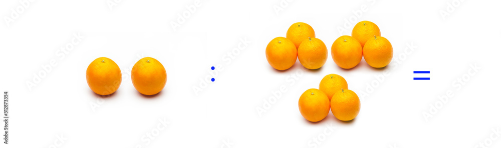 División sencilla entre naranjas, cálculo matemático de división. División sencilla entre naranjas, cálculo matemático de división.