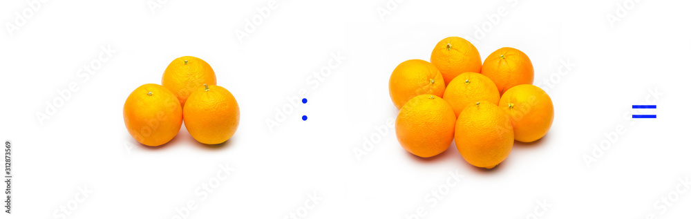 División sencilla entre naranjas, cálculo matemático de división. División sencilla entre naranjas, cálculo matemático de división.