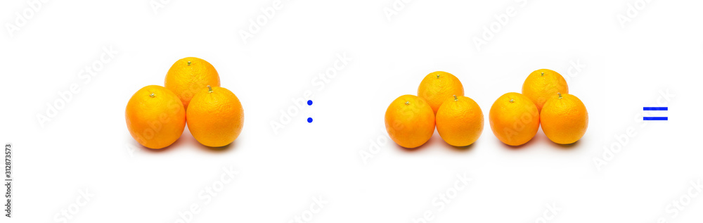 División sencilla entre naranjas, cálculo matemático de división. División sencilla entre naranjas, cálculo matemático de división.