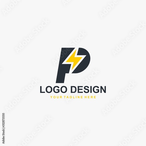 Electric power logo design vector. Yellow thunder abstract symbol. Monogram P letter and bolt vector icons.