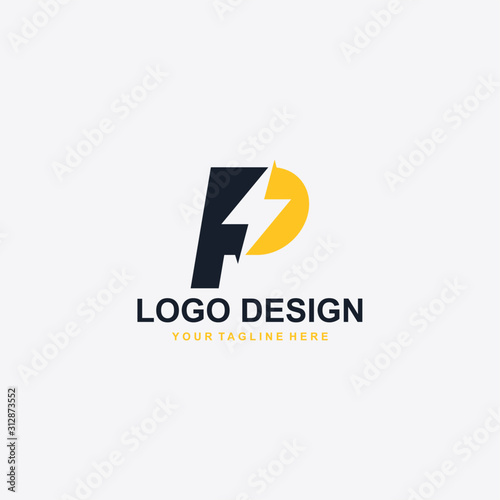 Electric power logo design vector. Yellow thunder abstract symbol. Monogram P letter and bolt vector icons.