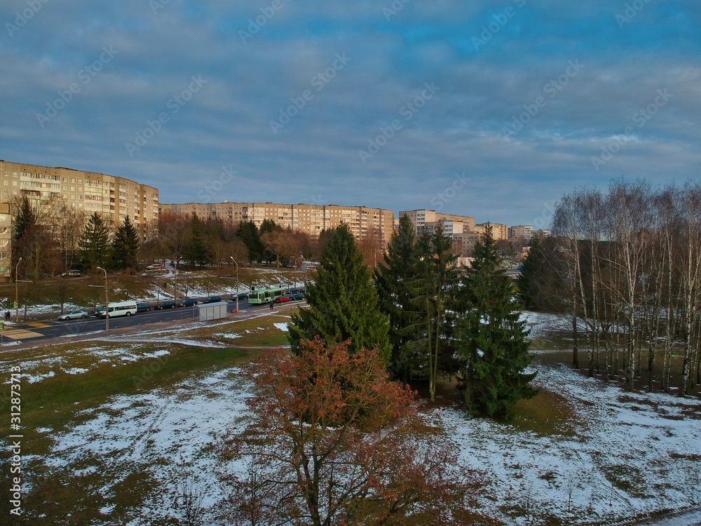 Aerial view of Zeleny Lug district in Minsk, Belarus in winter