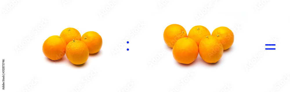 operación simple de división matemática entre naranjas; cálculo matemático operación simple de división matemática entre naranjas; cálculo matemático