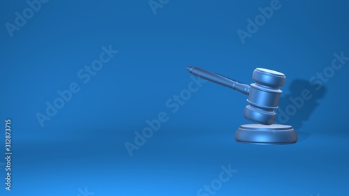 Gavel judge. Justice concept, law. Stylish minimal abstract horizontal scene, place for text. Trendy classic blue color. 3D rendering