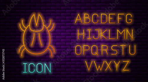 Glowing neon line Parasite mite icon isolated on brick wall background. Neon light alphabet. Vector Illustration