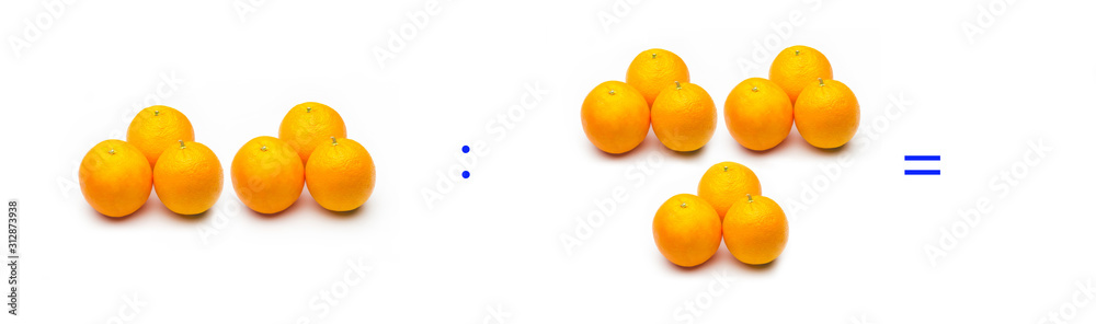 División sencilla entre naranjas, cálculo matemático de división. División sencilla entre naranjas, cálculo matemático de división.