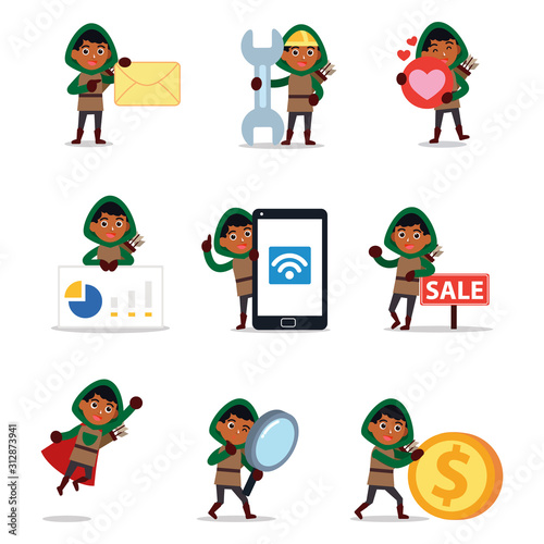 Set of character archer man with bow and arrows.