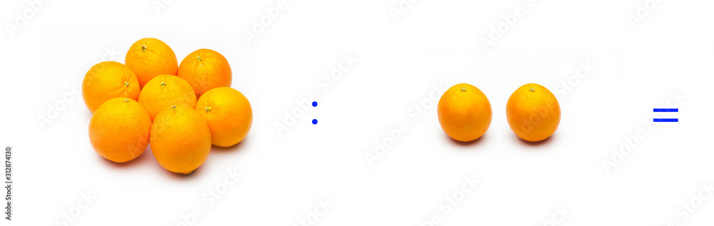 División sencilla entre naranjas, cálculo matemático de división. División sencilla entre naranjas, cálculo matemático de división.