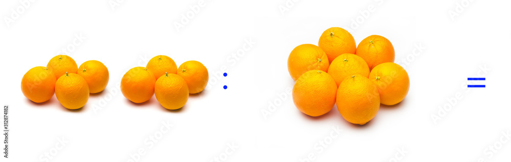 División sencilla entre naranjas, cálculo matemático de división. División sencilla entre naranjas, cálculo matemático de división.