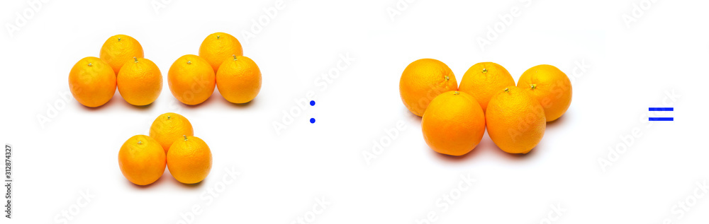 División sencilla entre naranjas, cálculo matemático de división. División sencilla entre naranjas, cálculo matemático de división.