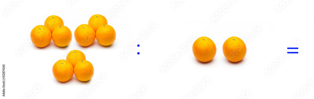 División sencilla entre naranjas, cálculo matemático de división. División sencilla entre naranjas, cálculo matemático de división.